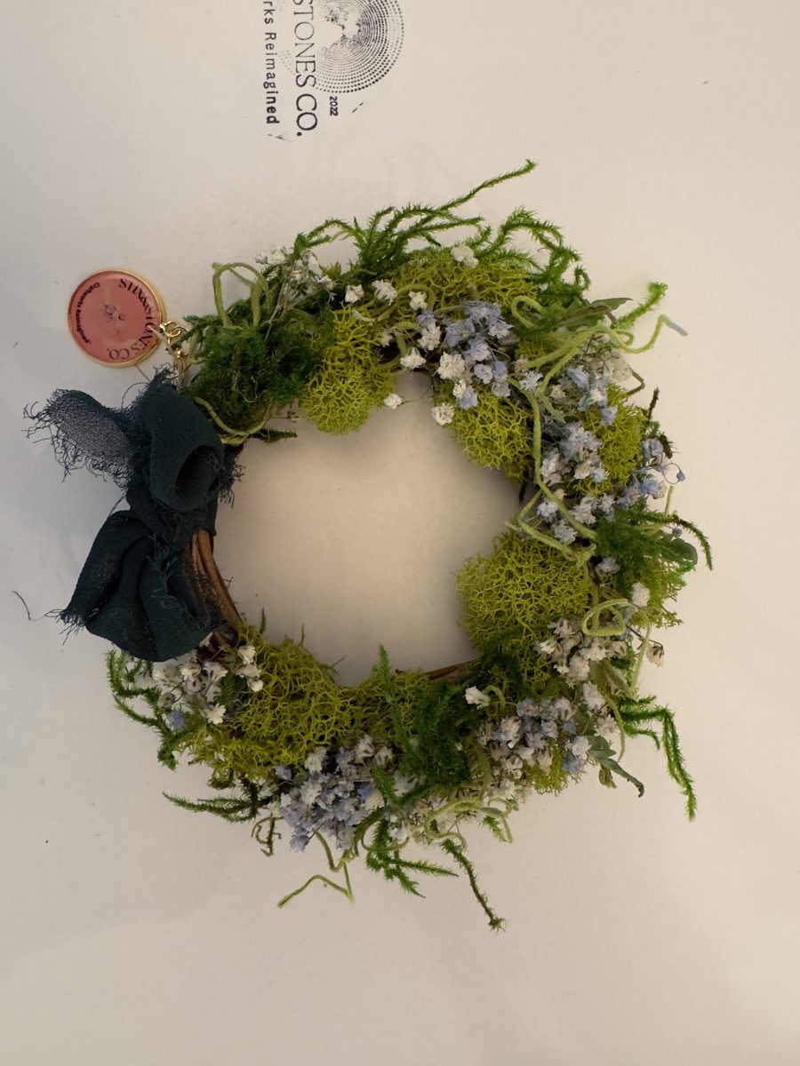 Moss and blue floral mini wreath with STIX&STONES CO. branding