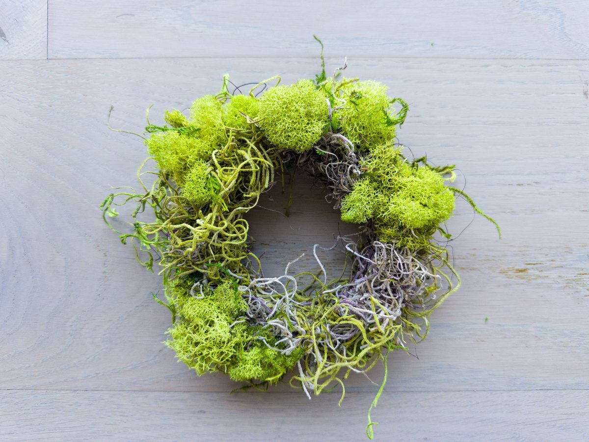 Vibrant green moss wreath with purple accents